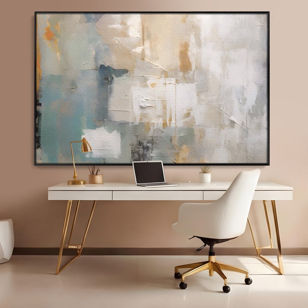 Tablou canvas cu pictura abstracta cu texturi alb, gri si turcoaz, in rama de aluminiu negru, pe perete intr-un birou